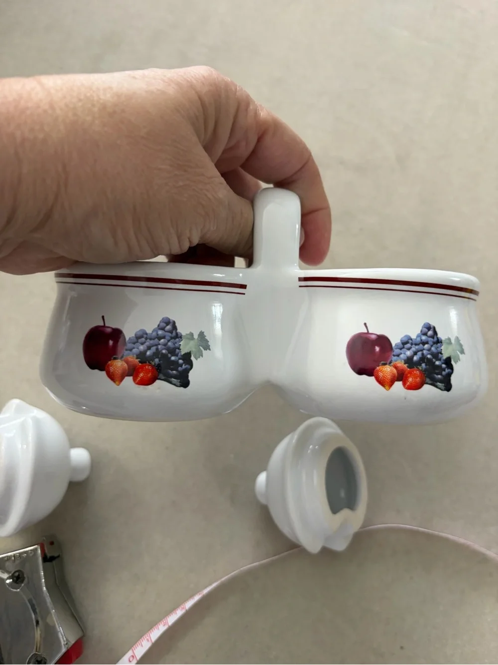 White Double Ceramic Condiment Server with Fruit Motif